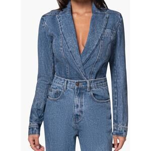 JLUXLABEL Dominica Denim Blazer Bodysuit Womens Small Blue Long Sleeve Plunge